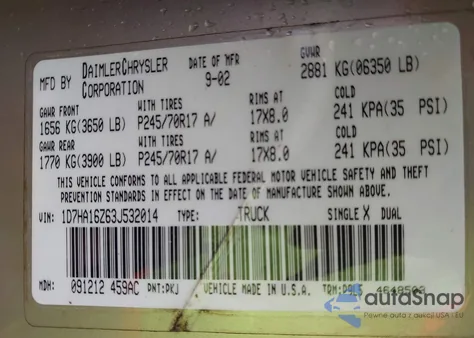 2003 Dodge Ram 1500 Slt/Laramie/St z USA, uszkodzony, nr VIN 1D7HA16Z63J532014